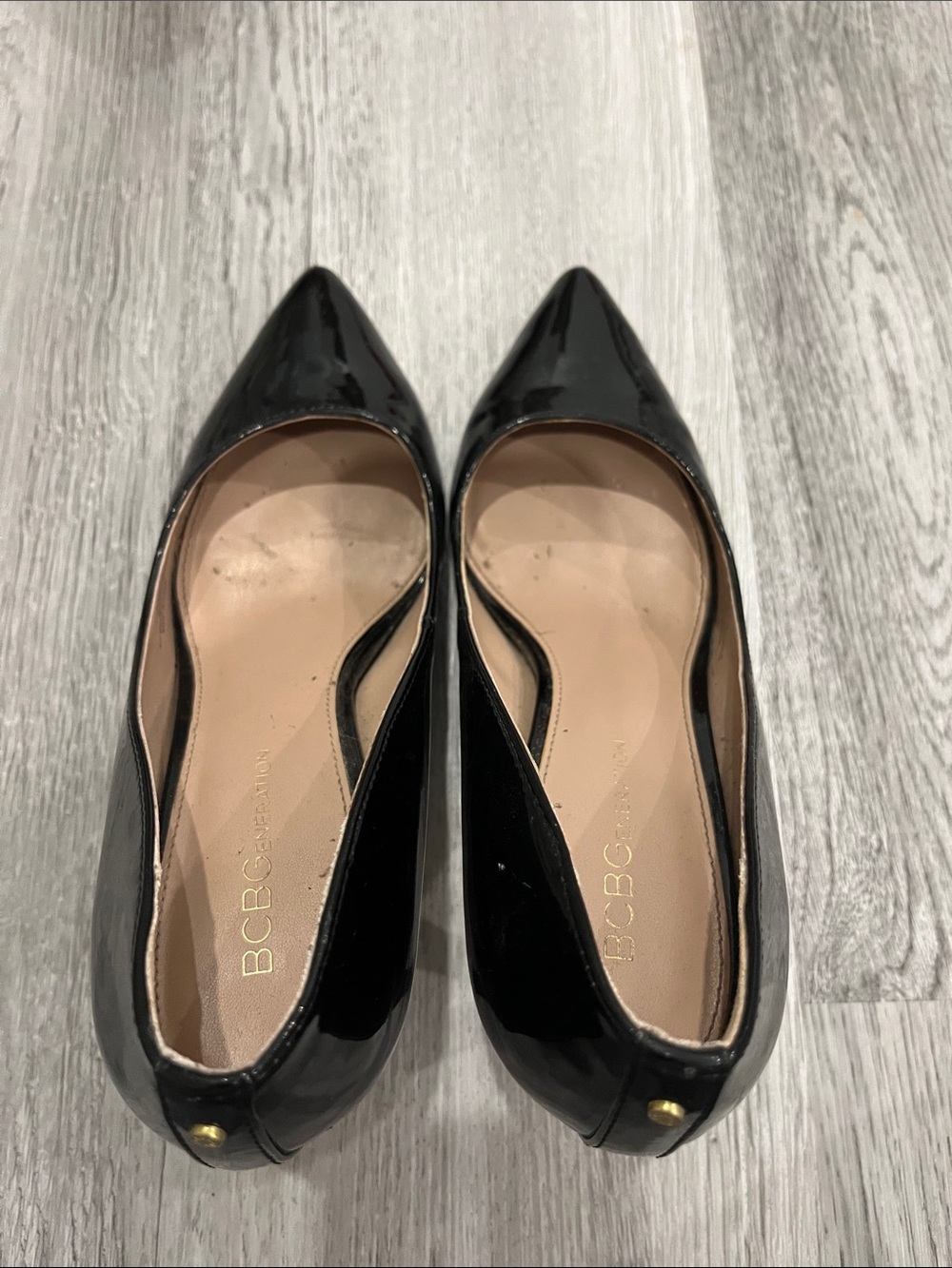 BCBGeneration Black Patent Pointed Heels with Gold Stud